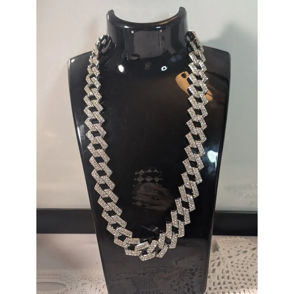 Iced Out Silver Cuban Link Chain Necklace & Bracelet Set Bling